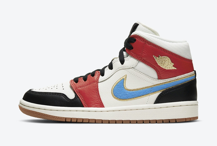 Air Jordan 1 Mid White Red Black Blue Gold Shoes - Click Image to Close